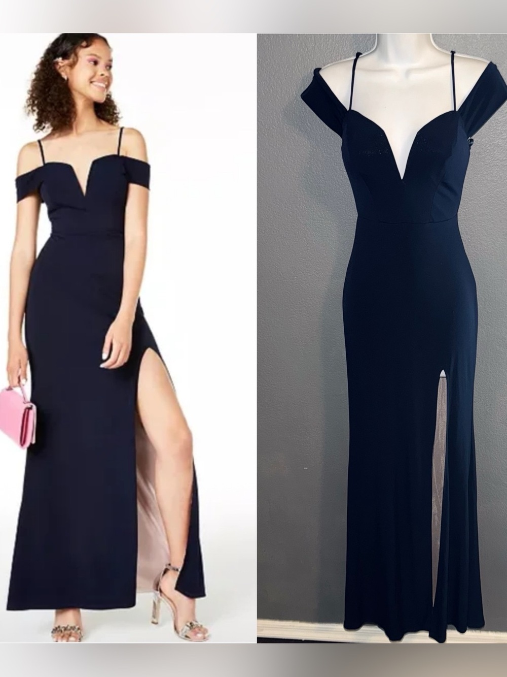 City Studio Navy Blue Off The shoulder Deep V Formal Gown Prom Dress XS Small 1